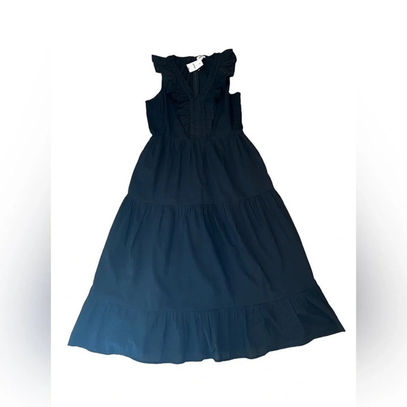 J crew black midi dress 
V neck with ruffles 
Size 8
Pit to pit 17”
Length 45” - Picture 1 of 6